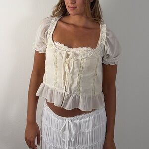 Lulu's Cream Lace-Up Corset Top with Puff Sleeves